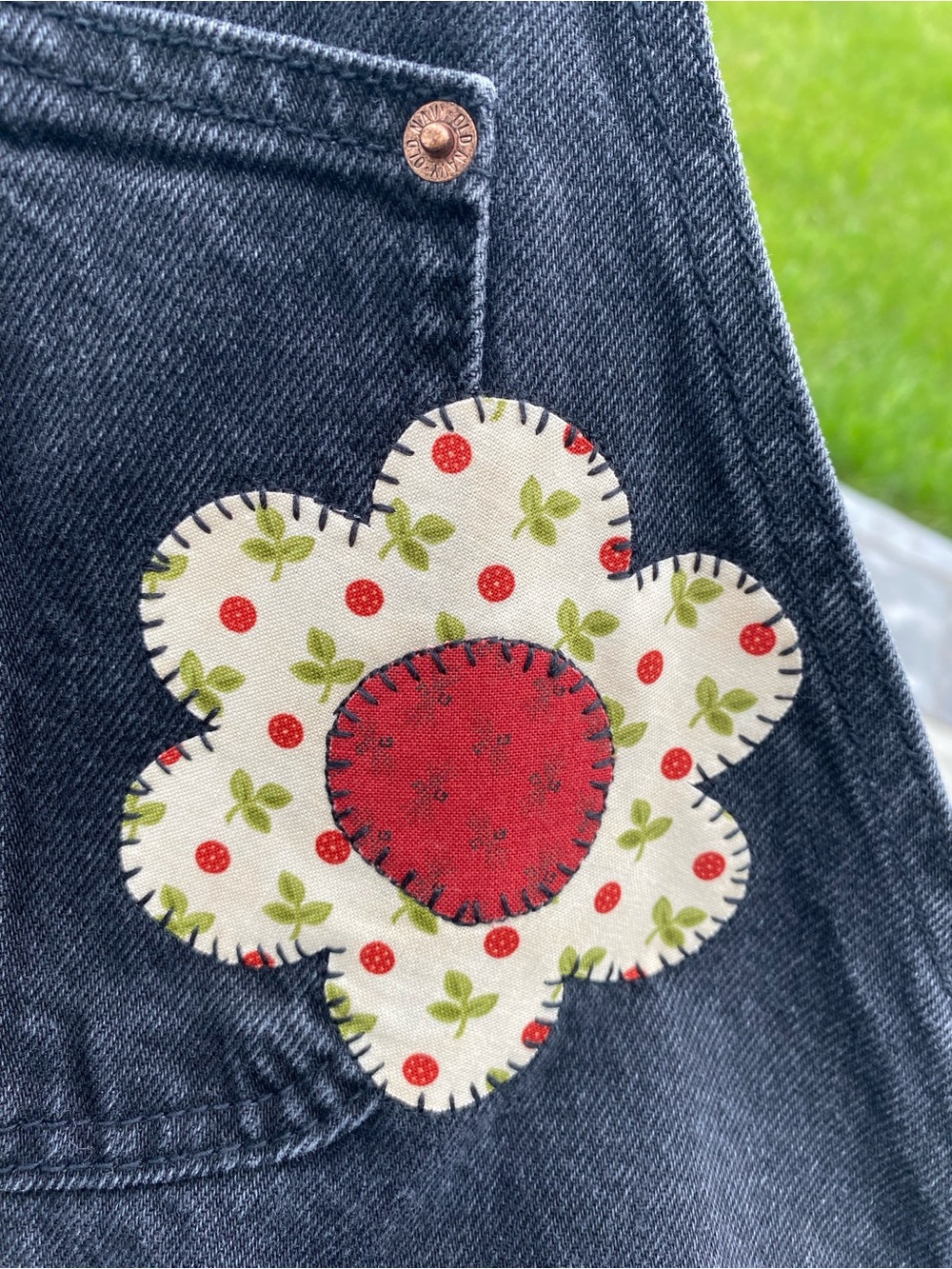 One of a kind upcycled black denim shortalls - Picture 7 of 13